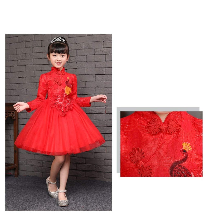 ELUCKFACE Girls Chinese Cheongsam Dress - Retro Embroidery Tutu Princess Dress for Birthday, Pageant & Chinese New Year Red 4-5Years - Image 3